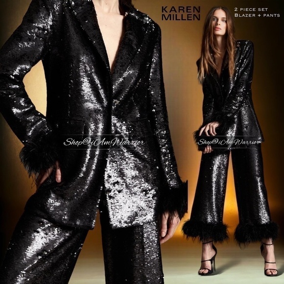 Karen Millen NWT 2 PC black feather trim sequin  blazer + pants *shop@iamwarrior - Picture 1 of 11